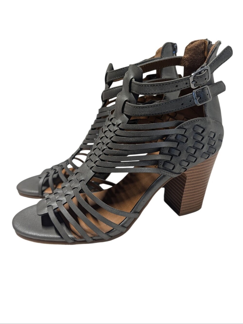 Madeline Women's Gray Leather Buckle Strappy Open Toe Block Heel Sandals 9M